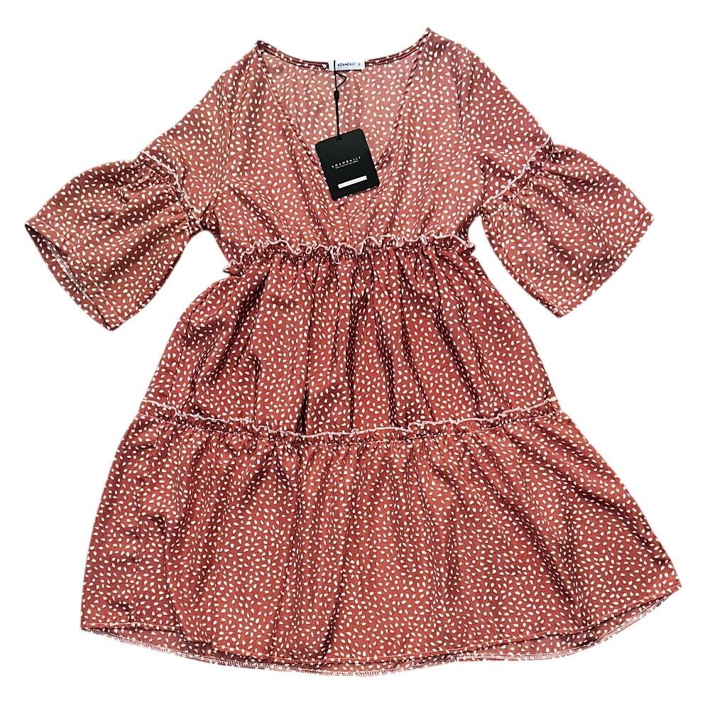 NWT Koandaily V-Neck Flutter Sleeve Tiered Rust & White Speckled Mini Dress M
